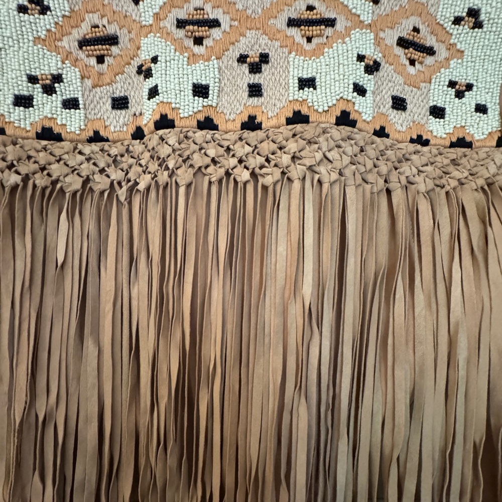 Zara Tan Leather Jacket with Fringe and Beaded Design - Picture 3 of 6